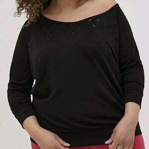 Torrid Black Off Shoulder Floral Embroidered Black Sweatshirt Top 2x 18 20 NEW